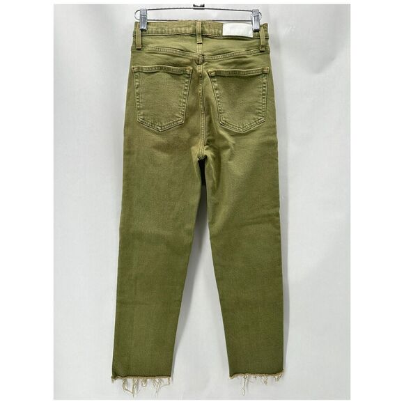 Re/Done 70s High Rise Stove Pipe Jeans Size 25 Green Ankle Straight Raw Hem Prep - Picture 7 of 12